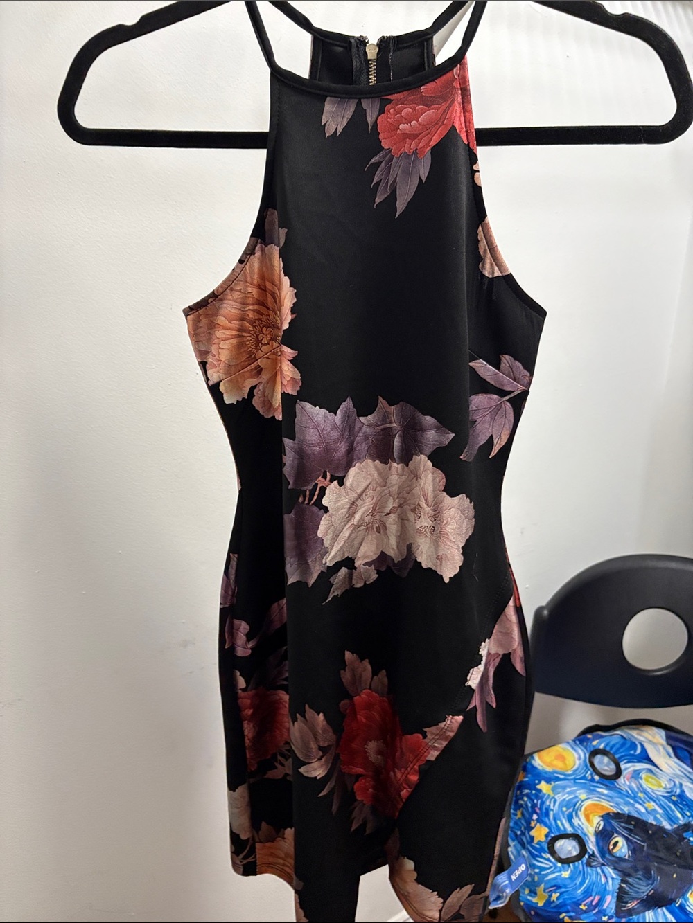 Black Floral Halter Mini Dress - Women's
